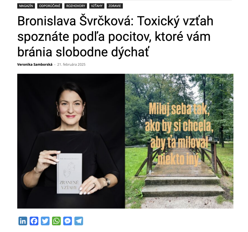 Bronislava Švrčková: Toxický vzťah spoznáte podľa pocitov, ktoré vám bránia slobodne dýchať